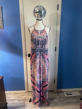 London Style Pink & Navy Paisley Halter Maxi Dress